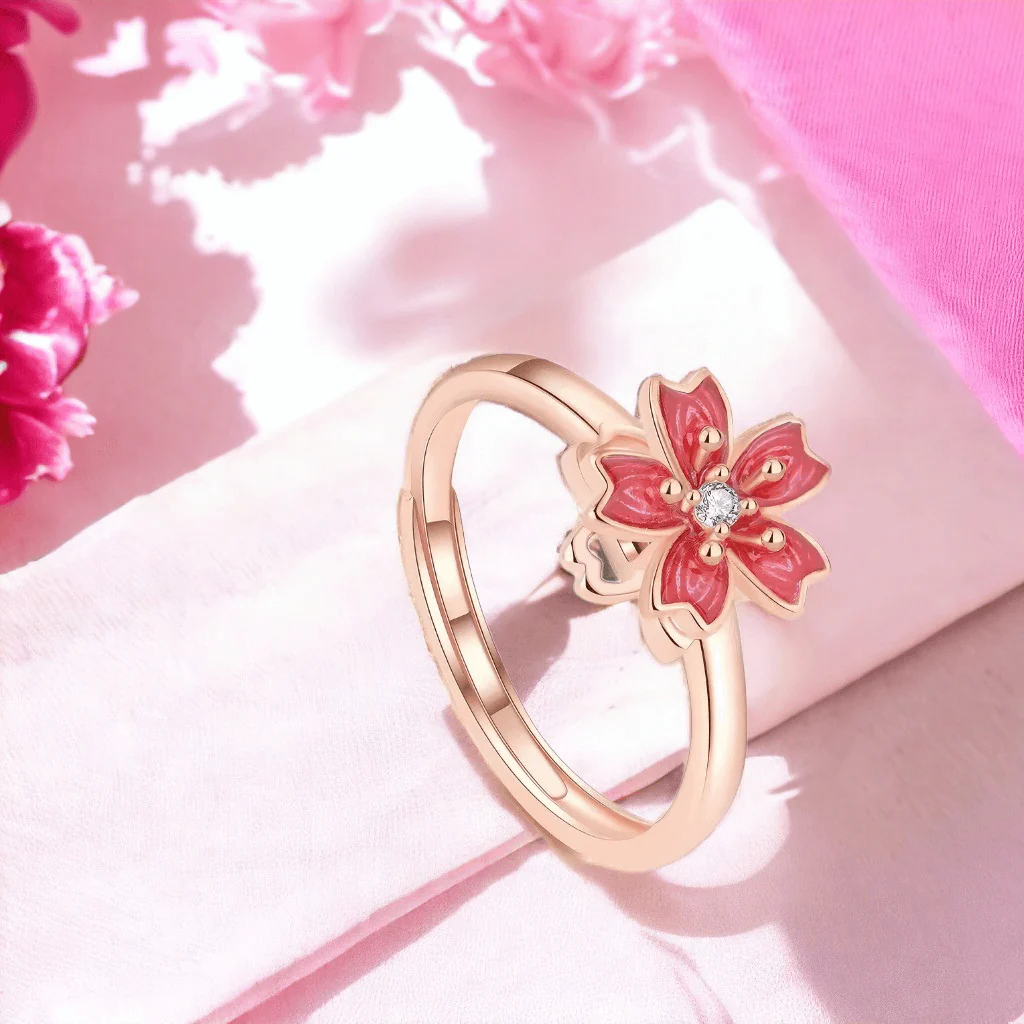 Cherry Blossom Spinner Ring 925 Silver Adjustable - Image 2