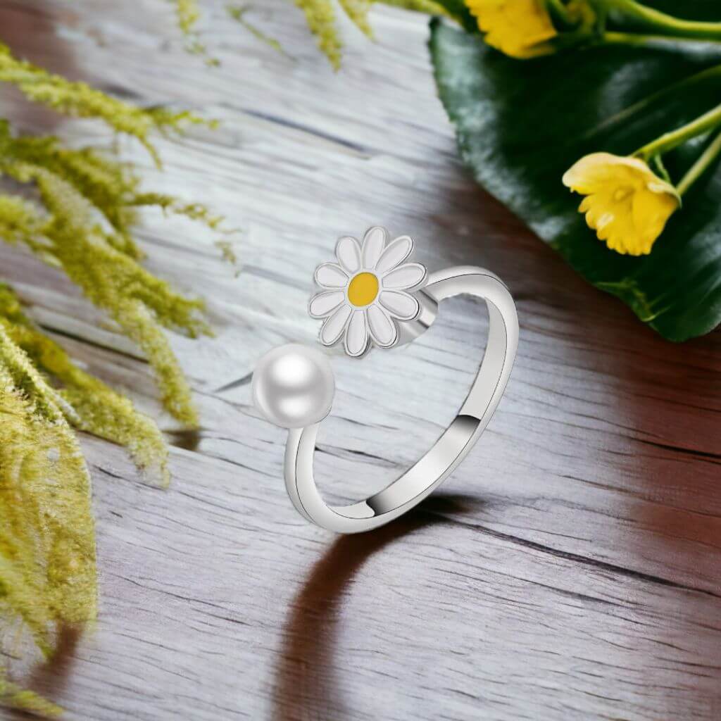 Flower Pearl Ring for Fidgeting 925 Silver Adjustable - Image 6