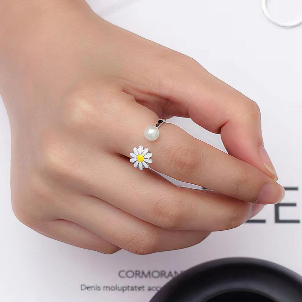 Flower Pearl Ring for Fidgeting 925 Silver Adjustable - Image 8