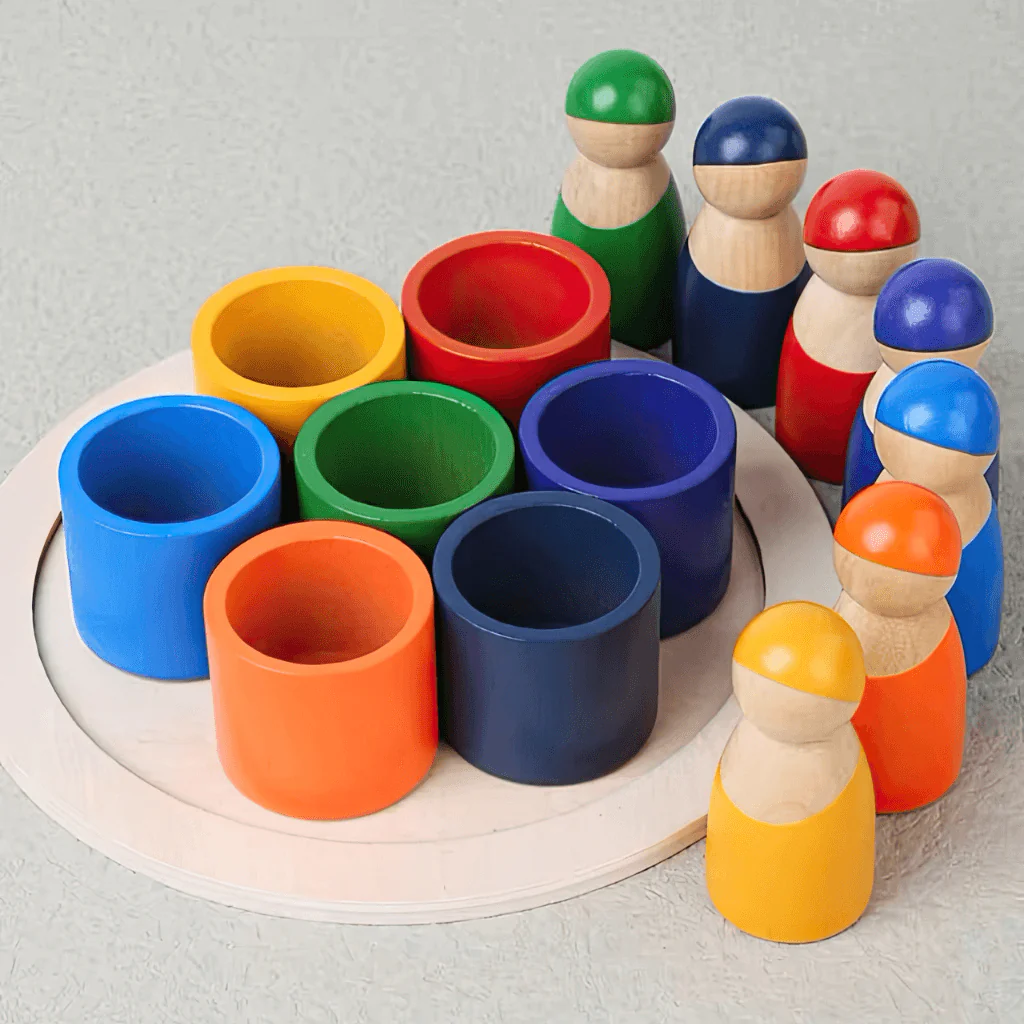 Wooden Peg Dolls in Bowls with Tray - Image 2