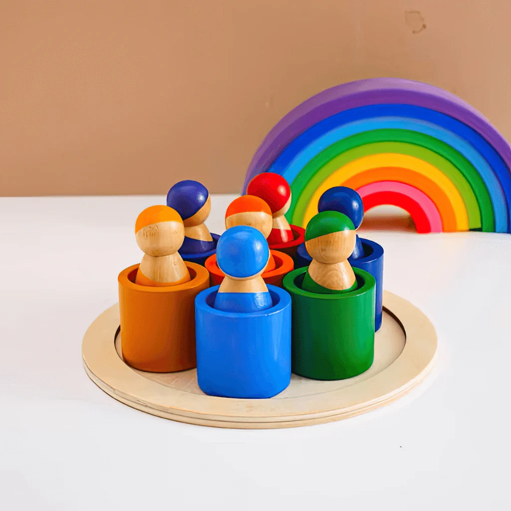 Wooden Peg Dolls in Bowls with Tray - Image 7